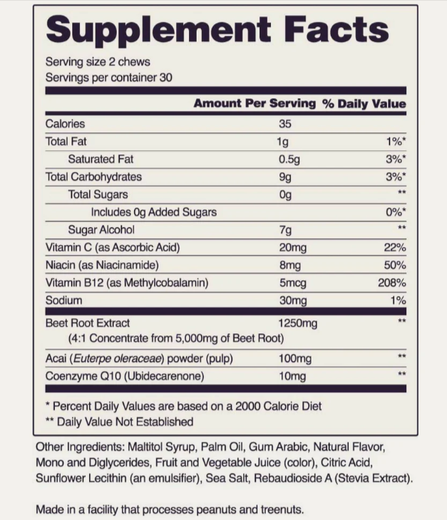 SNAP Nitric Oxide Chews Supplement Facts